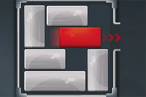 Bloques rectangulares grises y uno rojo en el centro con flechas indicando movimiento hacia la derecha