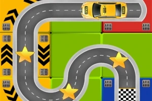 Carretera curva con coche amarillo, estrellas doradas y finales de carrera sobre fondo colorido