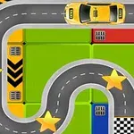 Carretera curva con coche amarillo, estrellas doradas y finales de carrera sobre fondo colorido