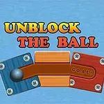 Título Unblock The Ball con piezas de rompecabezas deslizantes y una bola metálica en un fondo azul