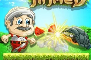 Personaje caricaturesco con bigote y turbante junto a una tortuga y una sandía sobre un fondo de césped y cielo azul