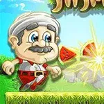 Personaje caricaturesco con bigote y turbante junto a una tortuga y una sandía sobre un fondo de césped y cielo azul