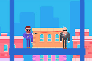 Dos personajes animados, uno con un arma y otro de traje, en una escena urbana colorida con edificios al fondo
