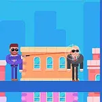 Dos personajes animados, uno con un arma y otro de traje, en una escena urbana colorida con edificios al fondo