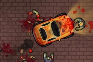 Coche naranja con salpicaduras de sangre rodeado de zombies y restos en una calle de ladrillos