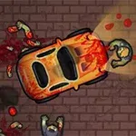 Coche naranja con salpicaduras de sangre rodeado de zombies y restos en una calle de ladrillos