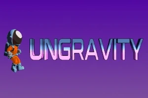 Un astronauta con traje azul y naranja junto a la palabra UNGRAVITY en un fondo degradado de morado a lila