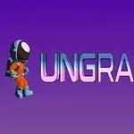 Un astronauta con traje azul y naranja junto a la palabra UNGRAVITY en un fondo degradado de morado a lila
