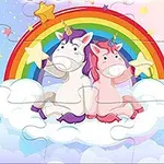 Dos unicornios sentados en una nube sosteniendo estrellas frente a un arcoíris en un diseño de rompecabezas colorido