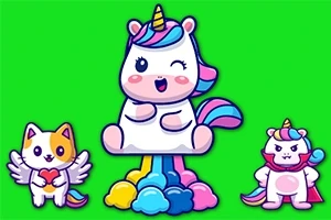 Un unicornio blanco con melena arcoíris guiñando, rodeado de un gato con alas y un oso con cuerno, y fondo verde