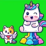 Un unicornio blanco con melena arcoíris guiñando, rodeado de un gato con alas y un oso con cuerno, y fondo verde
