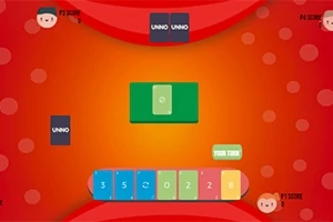 Interfaz de juego con cartas de colores en una mesa virtual y puntuaciones en las esquinas