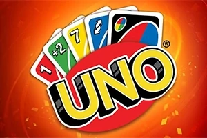 Cartas de colores y símbolo circular con la palabra UNO sobre un fondo naranja brillante