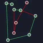 Puntos conectados por líneas rojas y verdes sobre un fondo oscuro