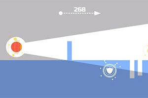 Escena minimalista con fondo gris y azul, un haz de luz blanco, barras verticales y un indicador circular con puntos