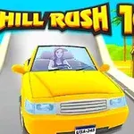 Coche amarillo descendiendo por una carretera en una ciudad colorida con una conductora en el volante y texto grande en la parte superior