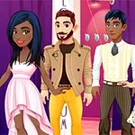 Cuatro personajes animados vistiendo ropa de moda en un entorno colorido con cortinas rosas
