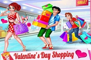 Una mujer con vestido rojo y lunares blancos, un hombre cargando cajas de regalo, y otro hombre con bolsas de compras en un centro comercial decorado con corazones