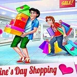 Una mujer con vestido rojo y lunares blancos, un hombre cargando cajas de regalo, y otro hombre con bolsas de compras en un centro comercial decorado con corazones
