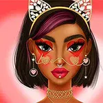 Mujer con maquillaje artístico de corazones rojos en las mejillas, cabello corto oscuro, diadema con orejas de gato decoradas, aretes de corazón y fondo rojo con forma de corazón