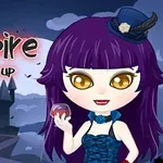 Chica vampiro con cabello morado y vestido azul sosteniendo una copa, con un castillo y murciélagos al fondo