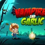Un personaje con sombrero de ajo y un vampiro caricaturesco se enfrentan en un paisaje azul oscuro con un ajo brillante entre ellos