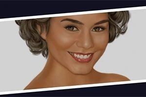Rostro de una mujer sonriendo con cabello corto y rizado en un retrato estilizado