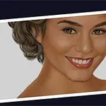 Rostro de una mujer sonriendo con cabello corto y rizado en un retrato estilizado