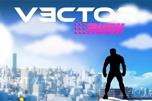 Silueta de una figura humana de pie con un paisaje urbano y el cielo azul de fondo, junto al texto Vector Rush