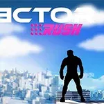Silueta de una figura humana de pie con un paisaje urbano y el cielo azul de fondo, junto al texto Vector Rush