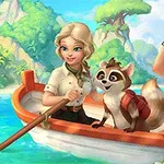 Mujer rubia, mapache con mochila y otra mujer con binoculares en un bote sobre un lago tropical