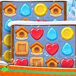 Mujer rubia con abrigo invernal junto a un tablero de colores brillantes con iconos de gotas, corazones, casas de pájaros y monedas
