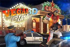 Hombre disfrazado de Elvis con una ametralladora frente a un casino mientras un oficial de policía lo apunta con una pistola