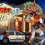 Hombre disfrazado de Elvis con una ametralladora frente a un casino mientras un oficial de policía lo apunta con una pistola
