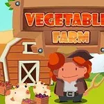 Granjero con tenedor frente a un granero y cerdos en una granja con letrero que dice Vegetables Farm