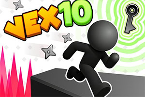 Figura negra corriendo junto a un bloque, con texto VEX 10, picos rosas y un portal verde al fondo