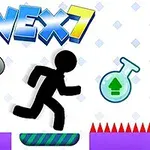 Silueta de un personaje corriendo sobre una plataforma con elementos como una poción, picos y dedos gigantes alrededor