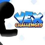Silueta de figura corriendo junto al texto Vex Challenges en letras azules y naranjas sobre un fondo azul degradado
