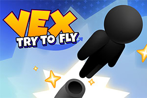 Personaje negro sin rasgos volando sobre un cañón, con estrellas y el texto VEX TRY TO FLY