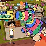 Tres personajes animados junto a una piñata colorida en un ambiente festivo lleno de decoraciones