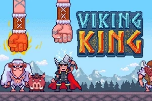 Guerrero vikingo con casco y martillo junto a criaturas en un paisaje montañoso pixelado, con el título Viking King en letras grandes