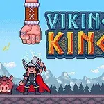 Guerrero vikingo con casco y martillo junto a criaturas en un paisaje montañoso pixelado, con el título Viking King en letras grandes
