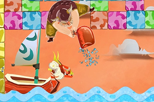 Un personaje animado de minotauro vaciando un balde sobre un barco con una vela decorada, rodeado de bloques de colores y un fondo marino