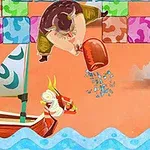 Un personaje animado de minotauro vaciando un balde sobre un barco con una vela decorada, rodeado de bloques de colores y un fondo marino