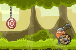 Personaje vikingo con hacha y escudo frente a un blanco colgante en un bosque animado