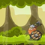 Personaje vikingo con hacha y escudo frente a un blanco colgante en un bosque animado