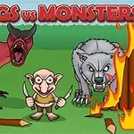 Una ilustración de un goblin con cuchillos, un dragón rojo y un lobo gris rodeados de llamas con un título en la parte superior