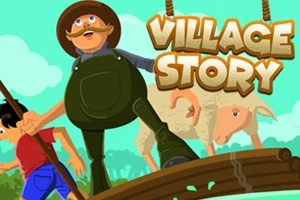 Un hombre con sombrero y overol verde, un niño, y una oveja cruzando un puente de madera bajo un cielo azul, con la palabra Village Story en letras grandes