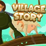 Un hombre con sombrero y overol verde, un niño, y una oveja cruzando un puente de madera bajo un cielo azul, con la palabra Village Story en letras grandes