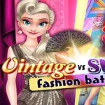 Dos personajes femeninos, una con un vestido elegante y la otra con un atuendo moderno, acompañadas del título Vintage vs Swag Fashion Battle